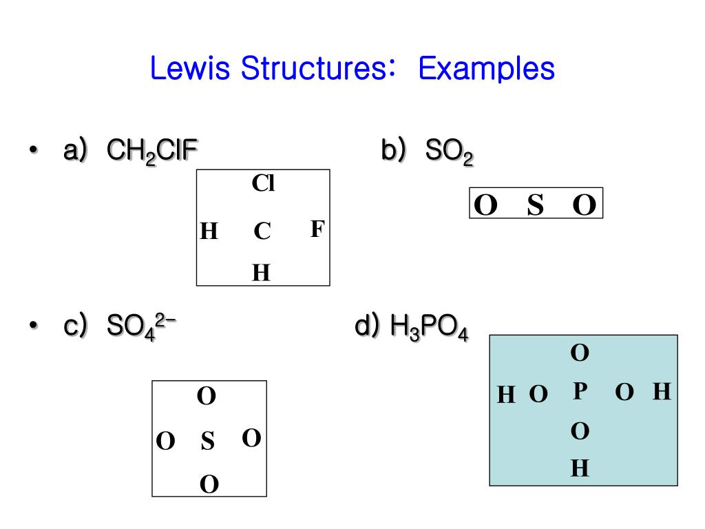 P H O O H O H Lewis Structures: Examples * a) CH2ClFb) SO2 * c) SO42-d) H3P...