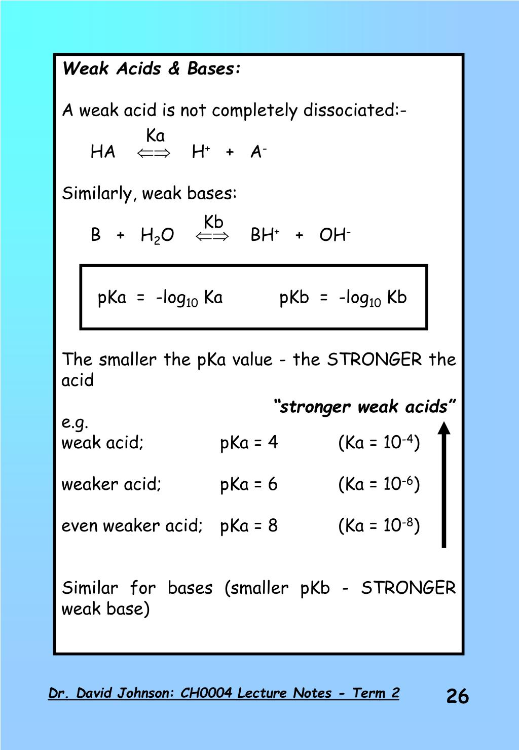 PPT - Weak Acids & Bases: A weak acid is not completely dissociated:- HA   H + + A - PowerPoint Presentation - ID:3428717