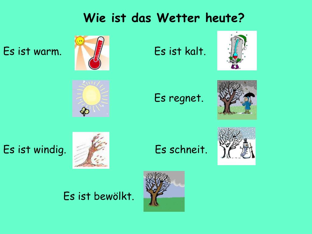 Es ist meine. Das wetter упражнения. Погода на немецком языке. Картинки es ist warm. Стих на немецком das wetter.