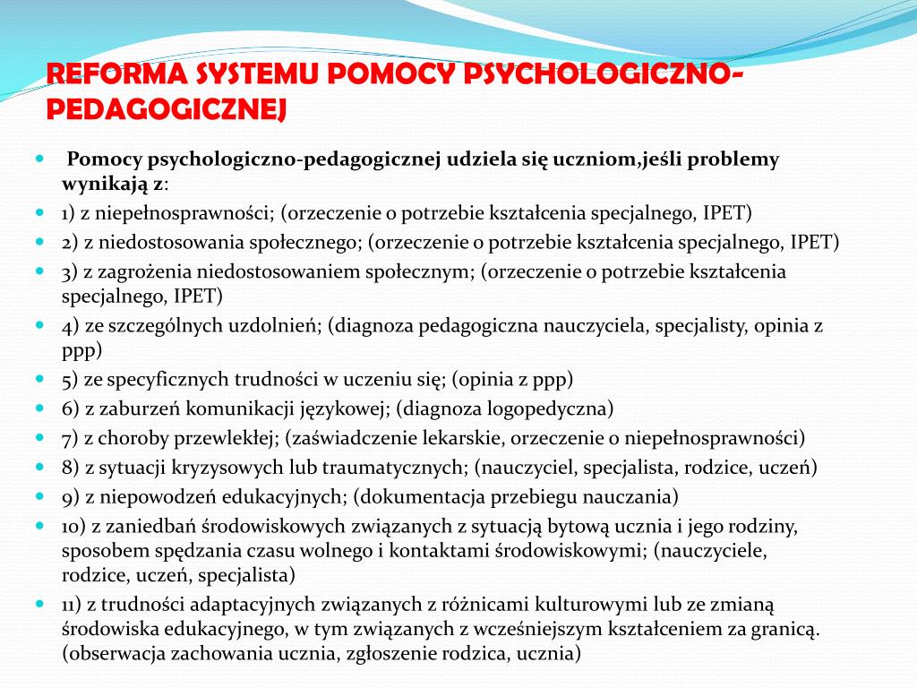 Cele Pomocy Psychologiczno Pedagogicznej W Przedszkolu PPT - REFORMA SYSTEMU POMOCY PSYCHOLOGICZNO-PEDAGOGICZNEJ PowerPoint