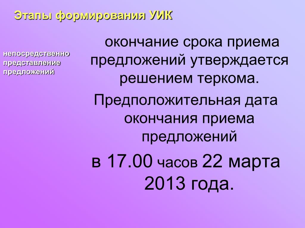 Дата конца. Этапы формирование уик. Этапы становления участковым. Окончание приёма предложений. Этапы становления PR деятельности.