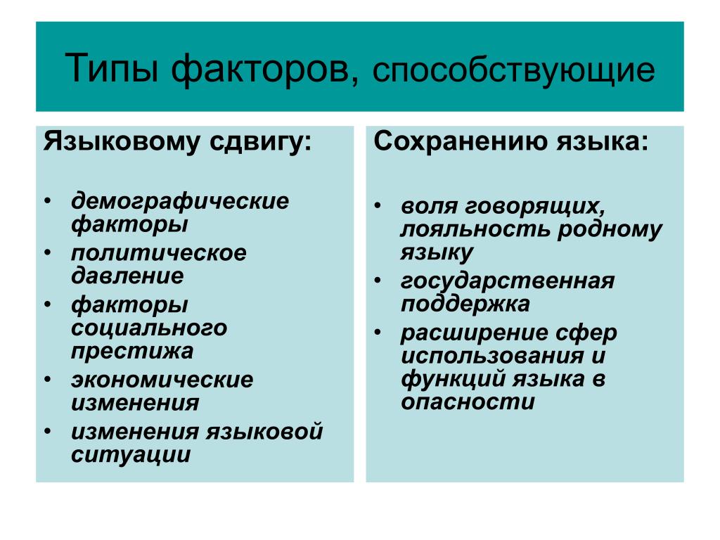 Факторы демографической политики. Типы факторов. Внешние и внутренние факторы языковых изменений. Факторы типизации. Факторы социального престижа.