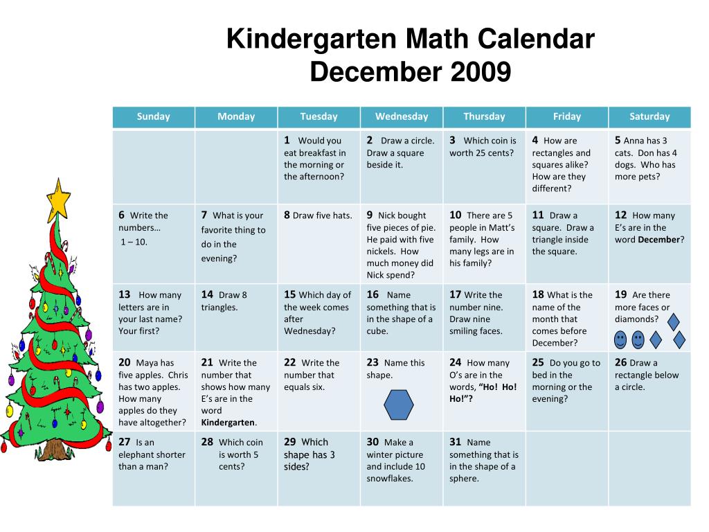 Ppt Kindergarten Math Calendar December 2009 Powerpoint Presentation Id 3536480