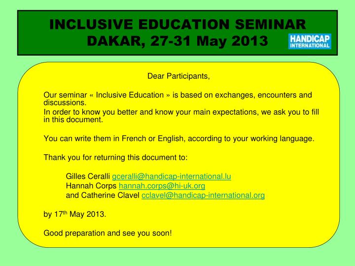 inclusive education seminar dakar 27 31 may 2013 n.