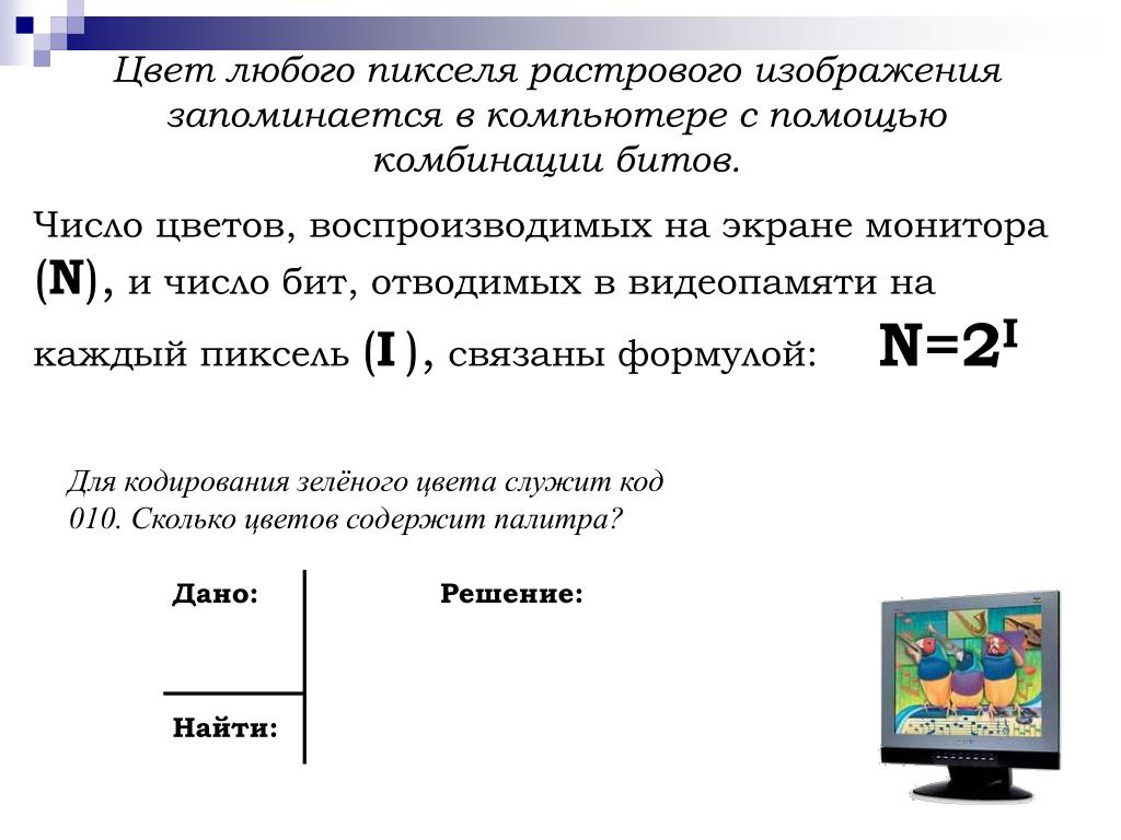 Монитор количество цветов. Количество цветов растрового изображения. Кодирование одного пикселя изображения. Количество пикселей в растровом изображении. Число цветов в палитре изображения.