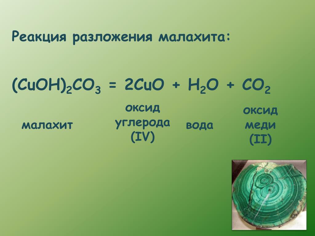 Гидроксид меди 2 разлагается при нагревании. Малахит формула разложение. Малахит формула химическая разложение. Термическое разложение малахита. Реакция разложения малахита уравнение.