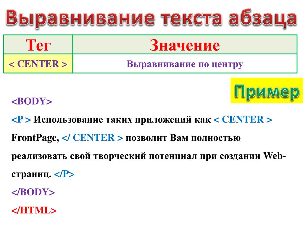 Использую p. Выравнивание по центру пример.